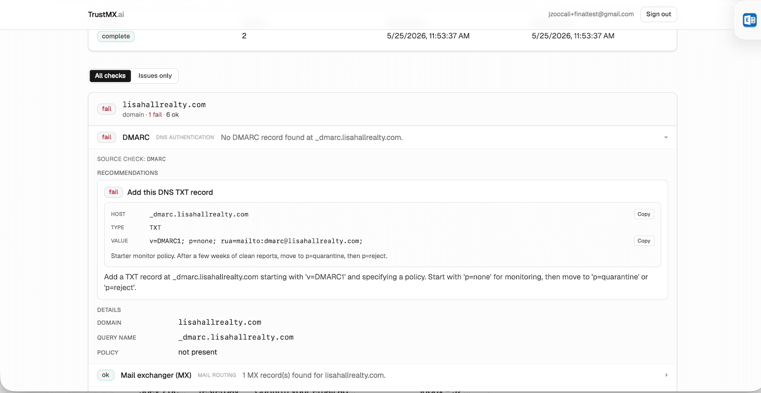 Scan detail page showing a failing DMARC check with a structured DNS fix card — host, type, and value with copy buttons.
